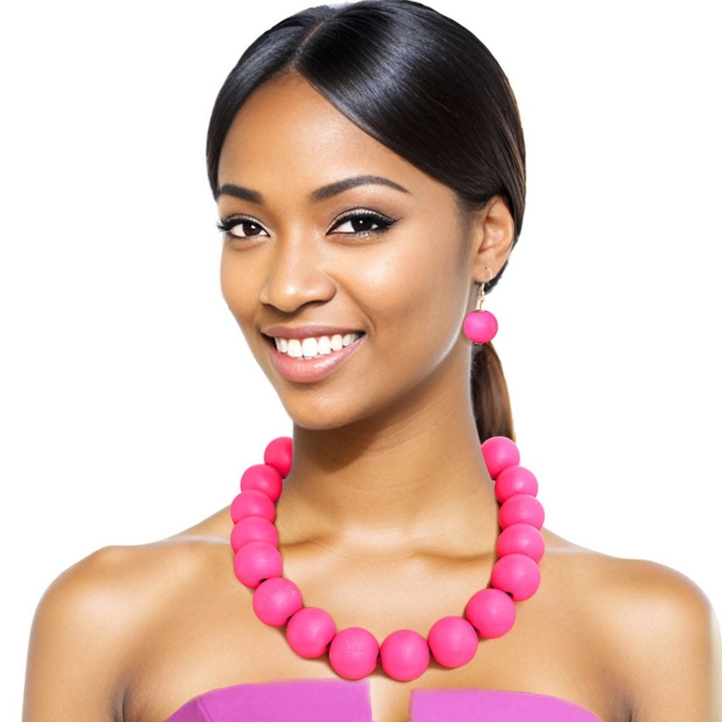 Nwt Chunky Wood Bead Necklace And Earrings Set Statement Jewelry, Fuchsia